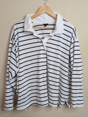 Torrid Striped Polo Shirt Size 3 White Navy Long Sleeve Cotton Collared Top